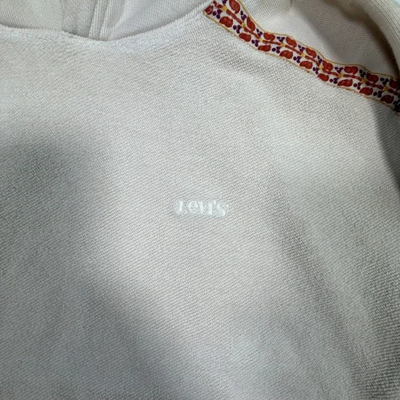 Levis Beige Embroidered Trim Hoodie Pullover Casual Fleece Lined Sweatshirt Sz S - Picture 5 of 8